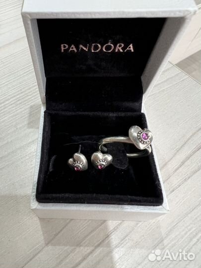 Pandora набор серьги+кольцо с родолитами