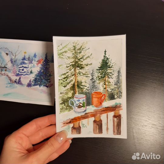 Открытки акварельные новогодние