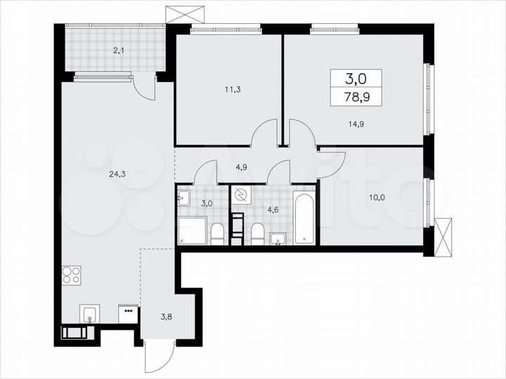 3-к. квартира, 78,9 м², 6/9 эт.