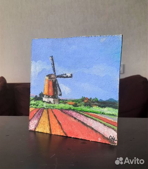 Мельница в полях тюльпанов.Картина маслом.Пейзаж