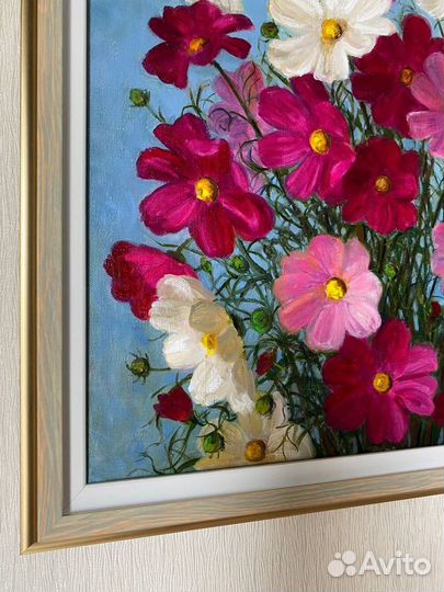 Картина маслом на холсте цветы 56х56 с рамой