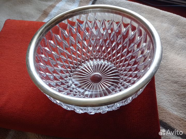 Хрустальная салатница с мельхиоровым ободком, СССР