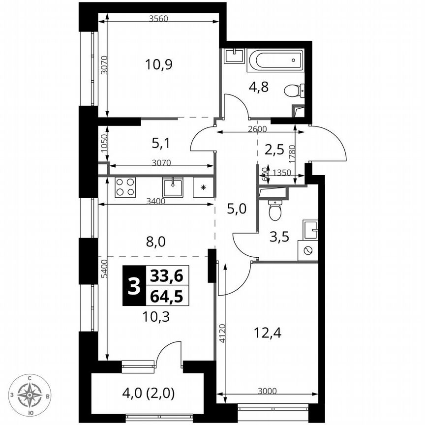 3-к. квартира, 64,5 м², 2/25 эт.