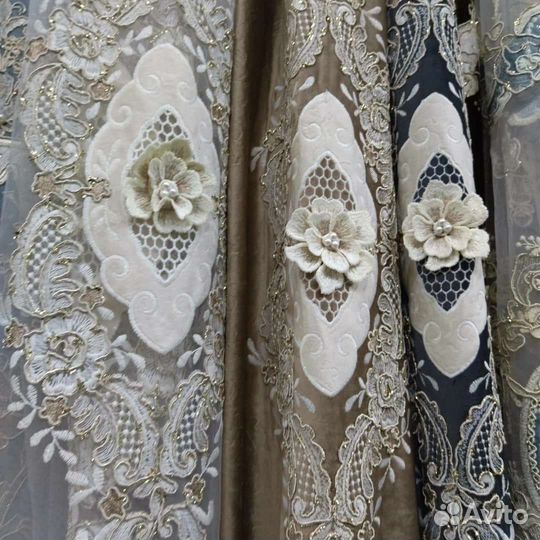 Шторы бархат велюр с вышивкой комплект с тюлем