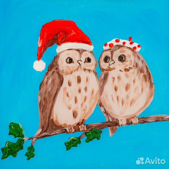 Картина милые совята совы птицы животные зимние