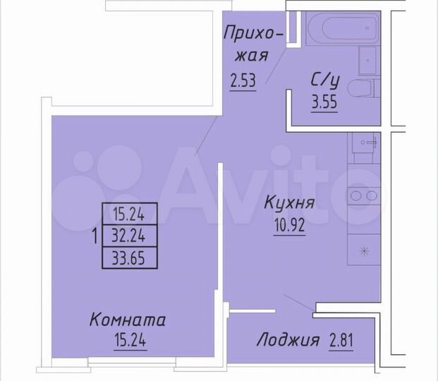 1-к. апартаменты, 33,7 м², 3/8 эт.