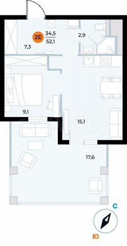 1-к. апартаменты, 52,1 м², 3/7 эт.