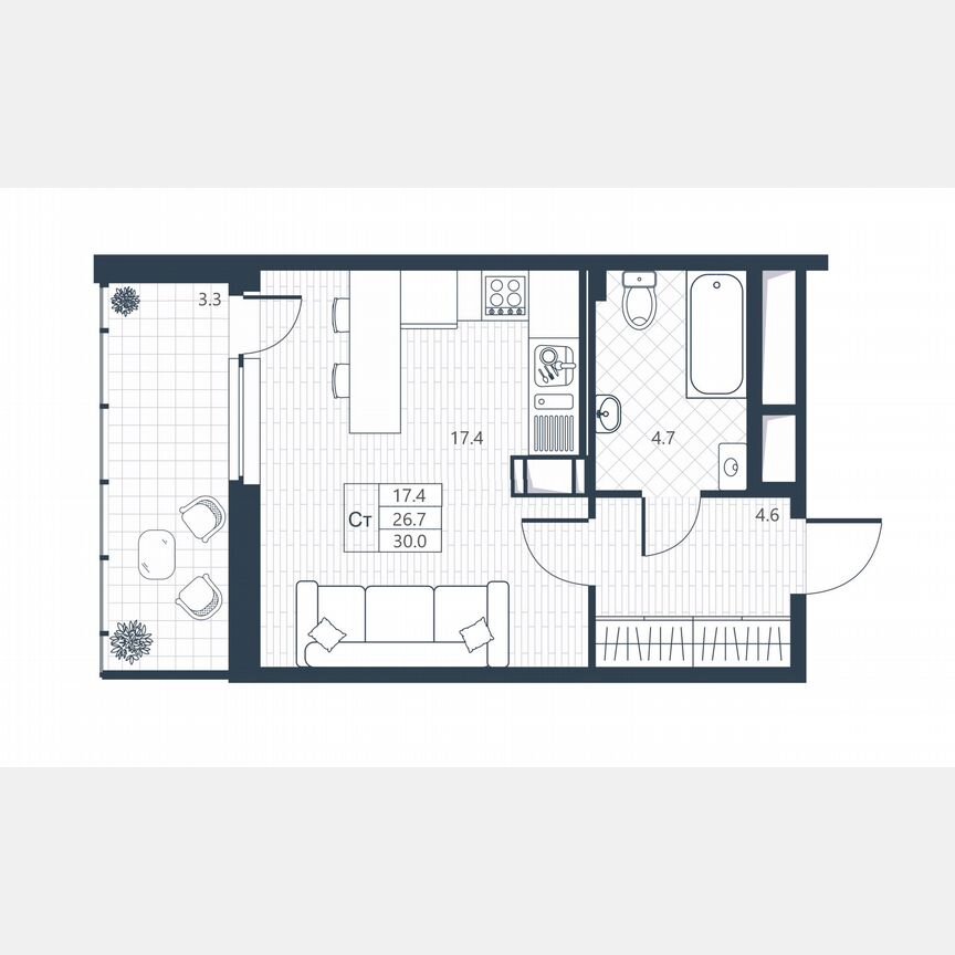 Квартира-студия, 26,7 м², 8/9 эт.