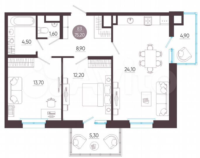 3-к. квартира, 75,2 м², 8/10 эт.