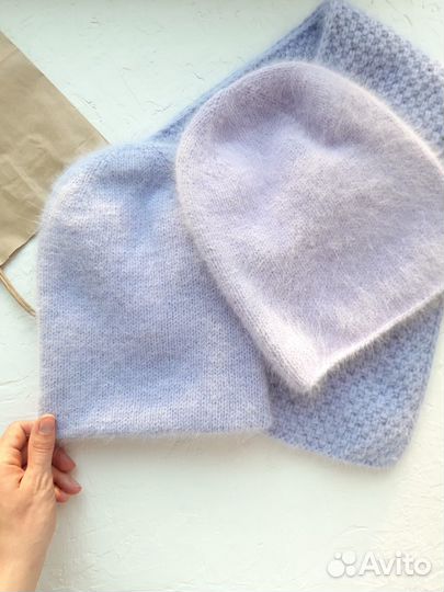 Шапка бини, двойная шапка и шарф из пуха норки