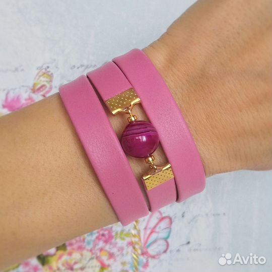 Кожаный браслет с агатом натуральным розовый