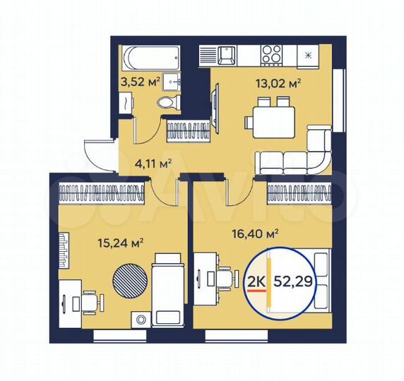 2-к. квартира, 52,5 м², 18/23 эт.