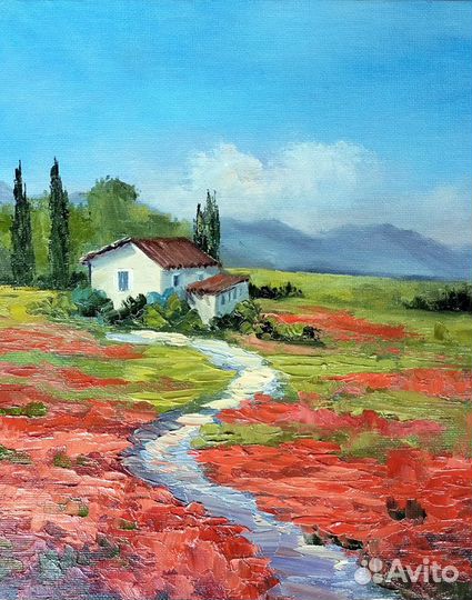 Картина маслом Тоскана, Маки, 20 на 25 см