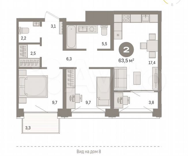 2-к. квартира, 63,5 м², 6/8 эт.