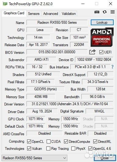 Видеокарта RX550 4gb DDR5