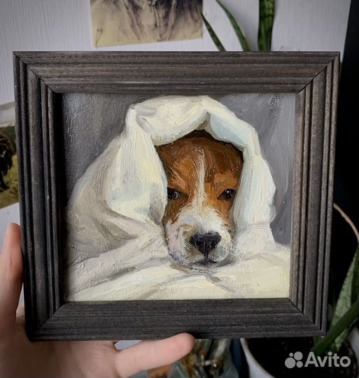 Картина маслом собака в раме