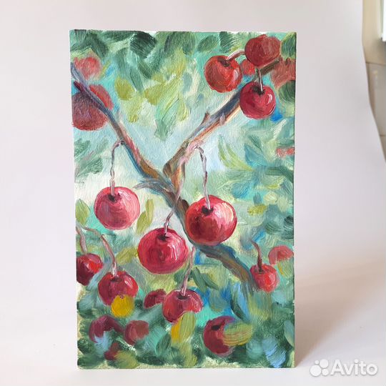 Вишня на ветке в листве. Лето Картина маслом 15\23