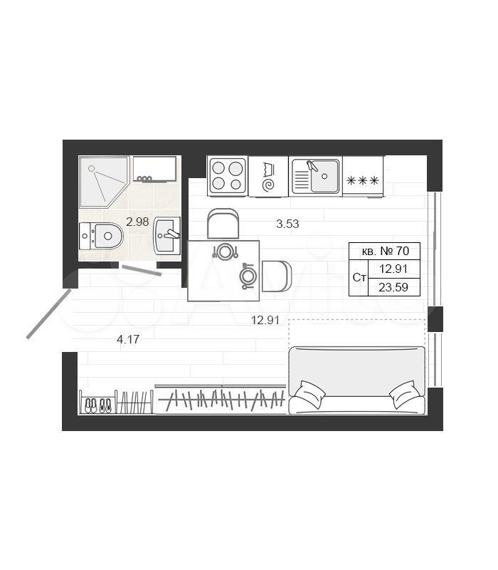 Квартира-студия, 23,8 м², 2/4 эт.