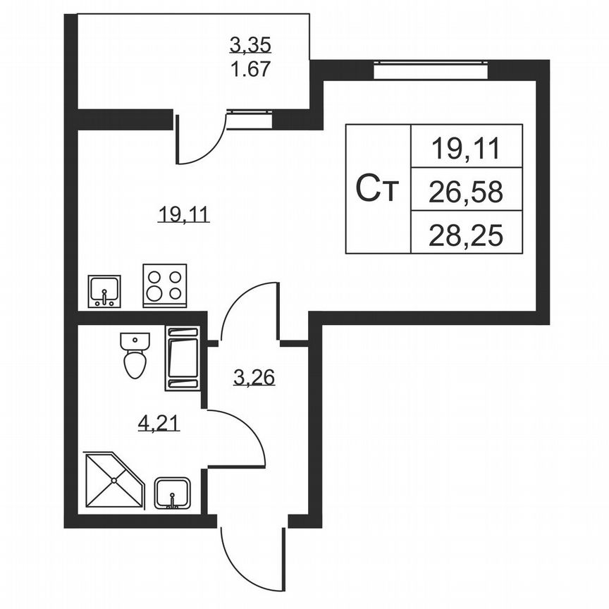 Квартира-студия, 28,3 м², 3/19 эт.