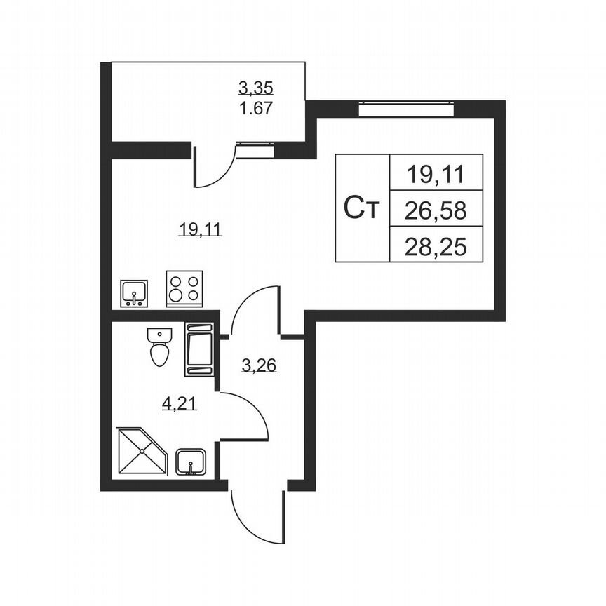 Квартира-студия, 28,3 м², 3/19 эт.