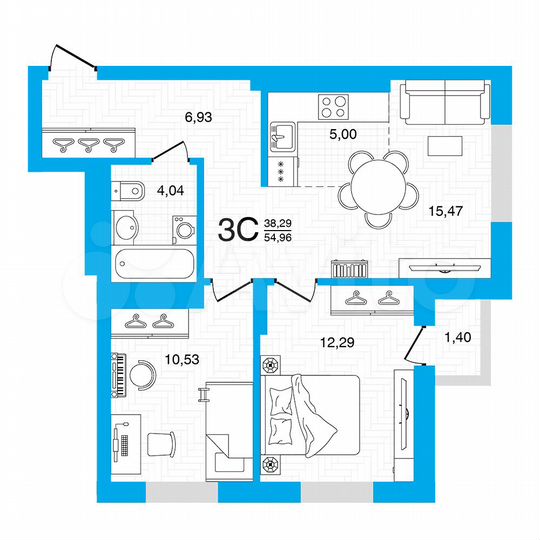 3-к. квартира, 55 м², 21/22 эт.