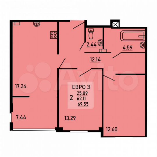 2-к. квартира, 69,6 м², 13/25 эт.