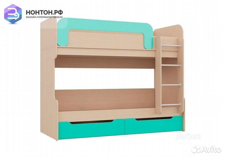 Двухъярусная кровать Юниор-1 бирюза / дуб беленый