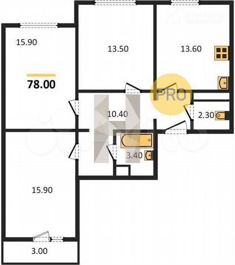 3-к. квартира, 78 м², 1/9 эт.