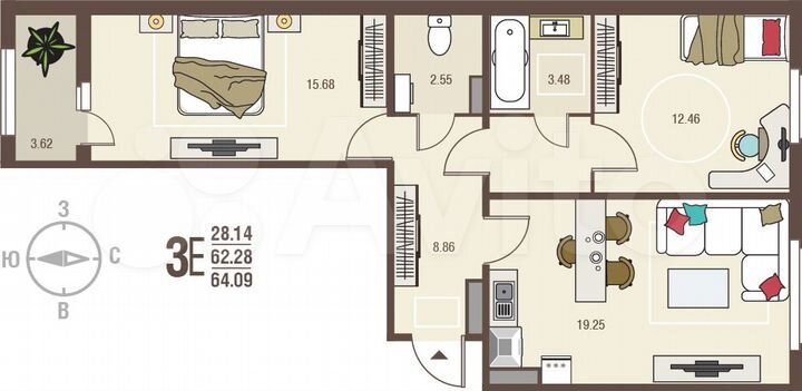 2-к. квартира, 64,1 м², 15/17 эт.