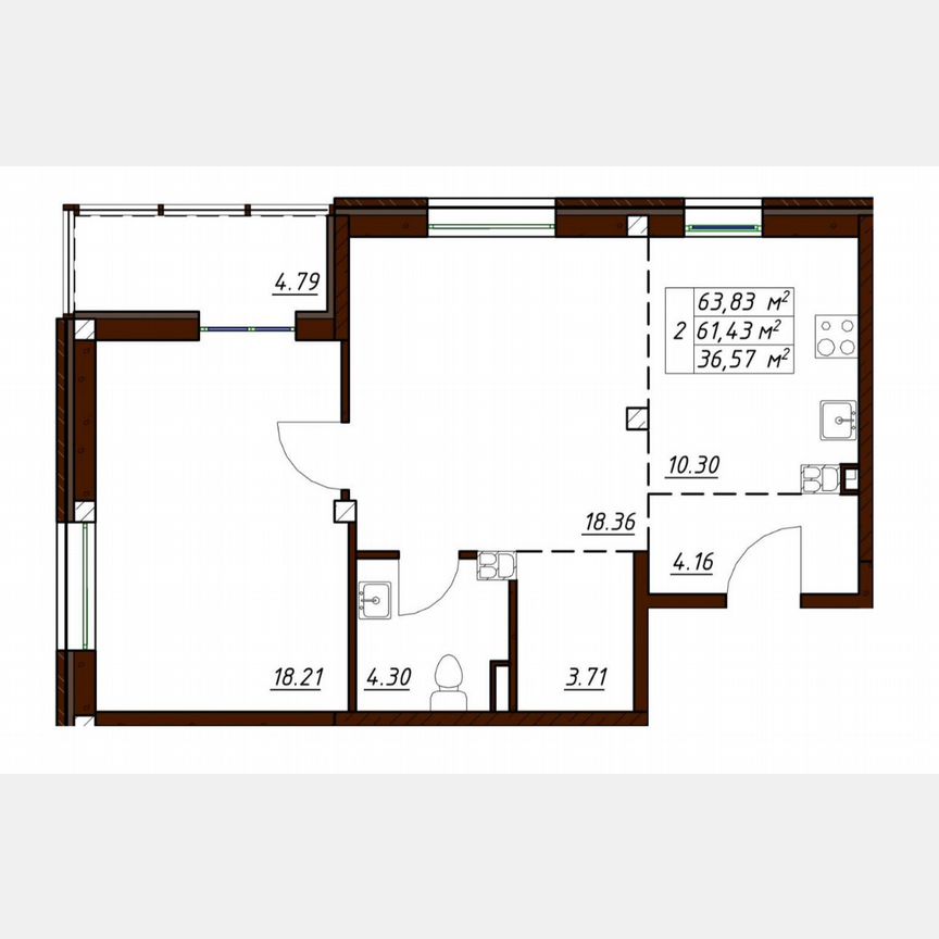 2-к. квартира, 63,8 м², 3/3 эт.
