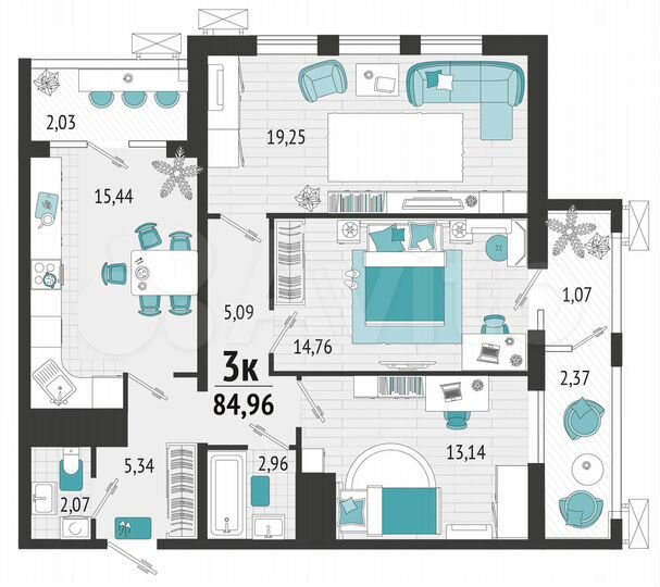 3-к. квартира, 85 м², 11/21 эт.
