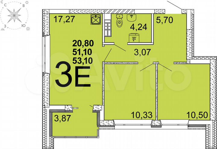 2-к. квартира, 53,1 м², 5/10 эт.