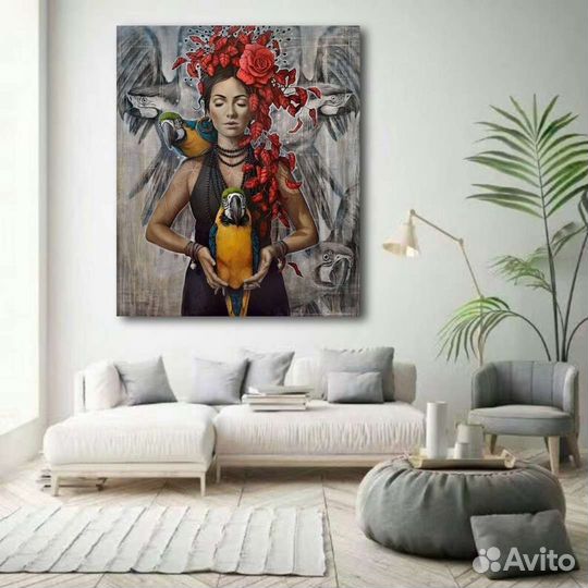 Картина маслом девушка с попугаями