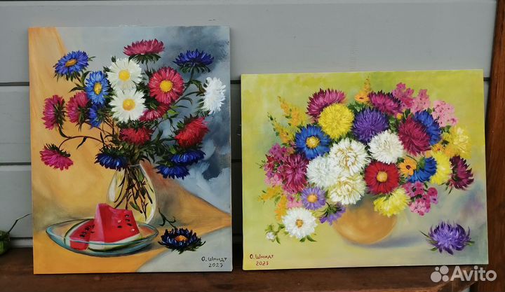 2 картины с астрами. Холст на подрамн 50х40,40х50