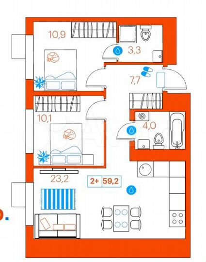 2-к. квартира, 59,2 м², 5/21 эт.