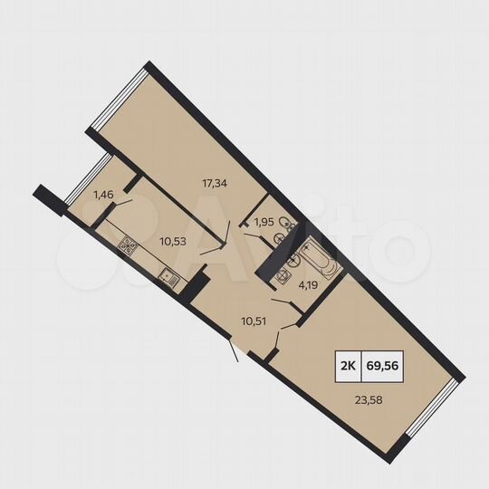 2-к. квартира, 69,6 м², 12/12 эт.