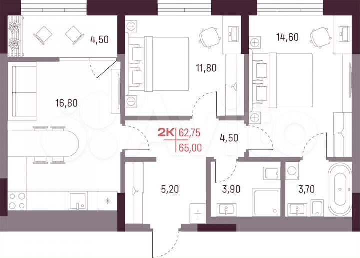 2-к. квартира, 62,8 м², 8/25 эт.
