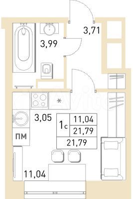 Квартира-студия, 21,8 м², 2/17 эт.