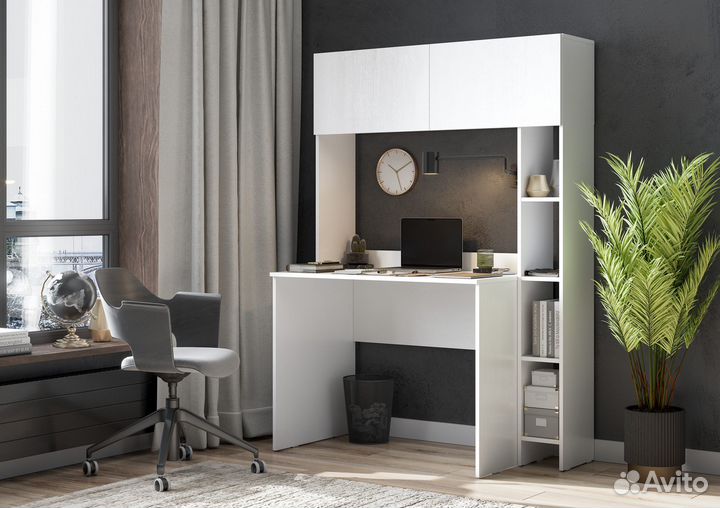 Белый компьютерный стол с полками 1200 мм