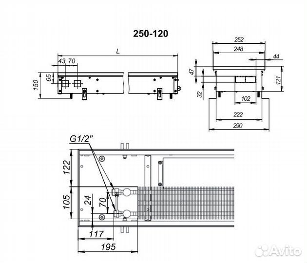 Внутрипольный конвектор с вентилятором Techno kvzv