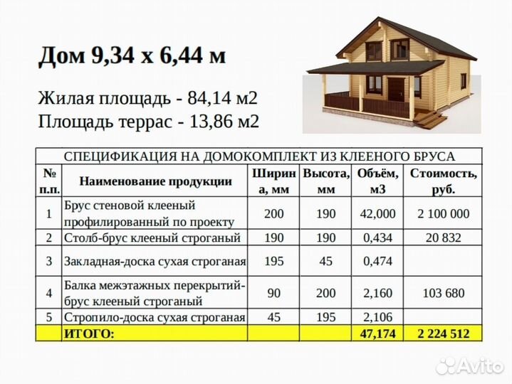 Домокомплект из клееного бруса 6,44х9,34 м