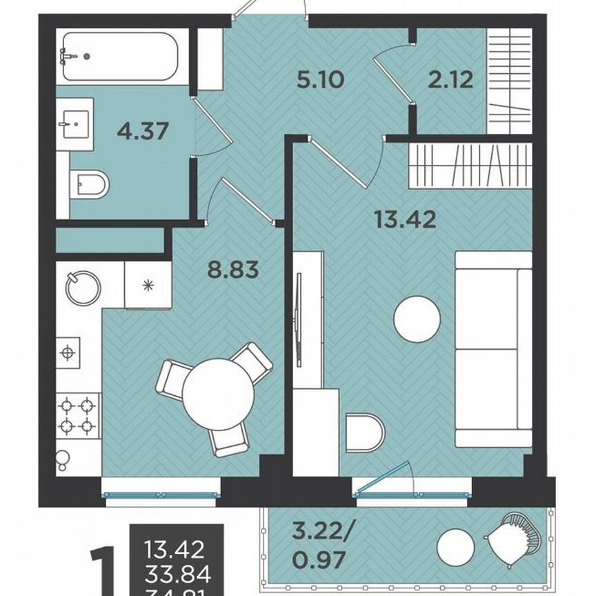 1-к. квартира, 34,8 м², 1/4 эт.