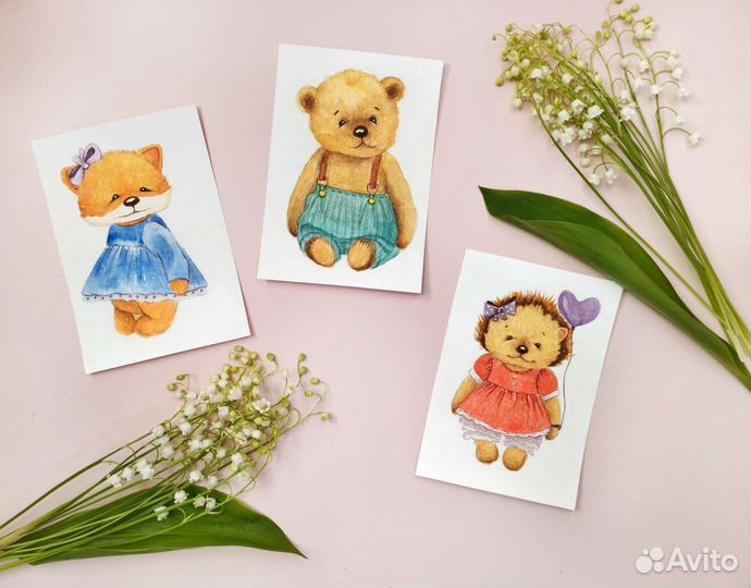 Открытки ручной работы, акварельная открытка 3 шт