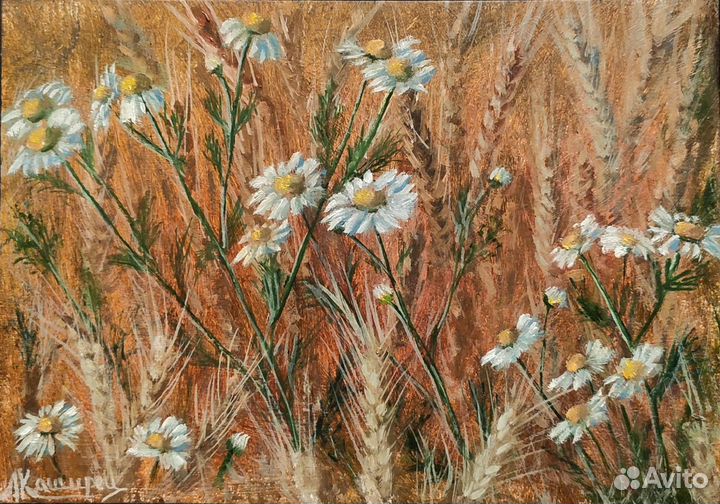 Картина маслом роза, ромашки