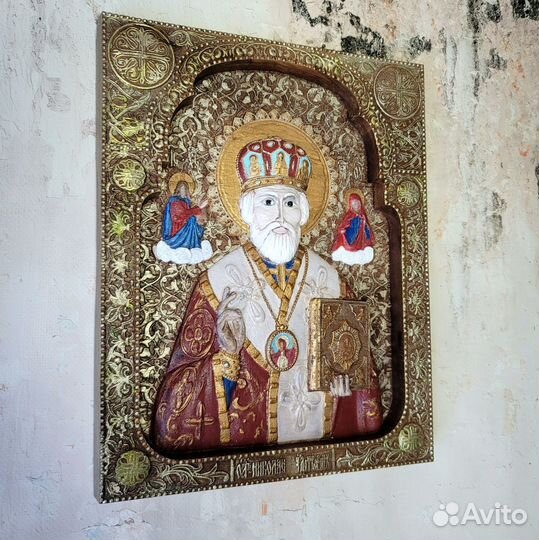 Икона резная,Николая Чудотворца из дерева