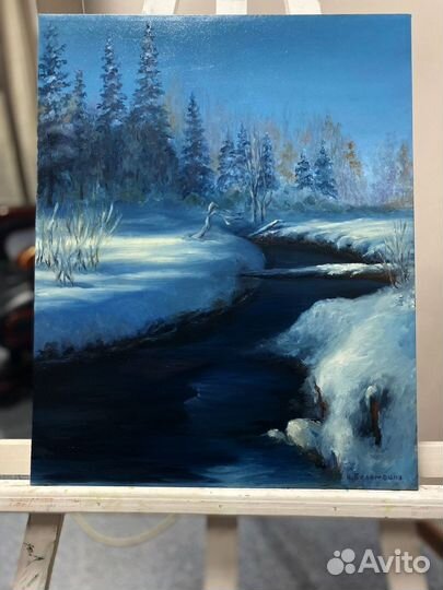 Картина маслом зимний пейзаж Зимняя река 40х50 см