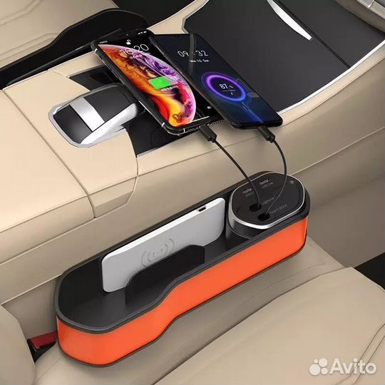 Органайзер на сиденье автомобильный, с подстаканником на центральный тоннель + З/У