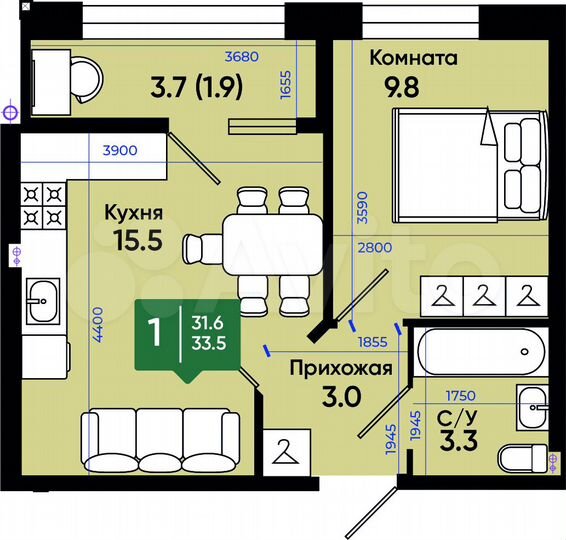 1-к. квартира, 33,5 м², 2/3 эт.