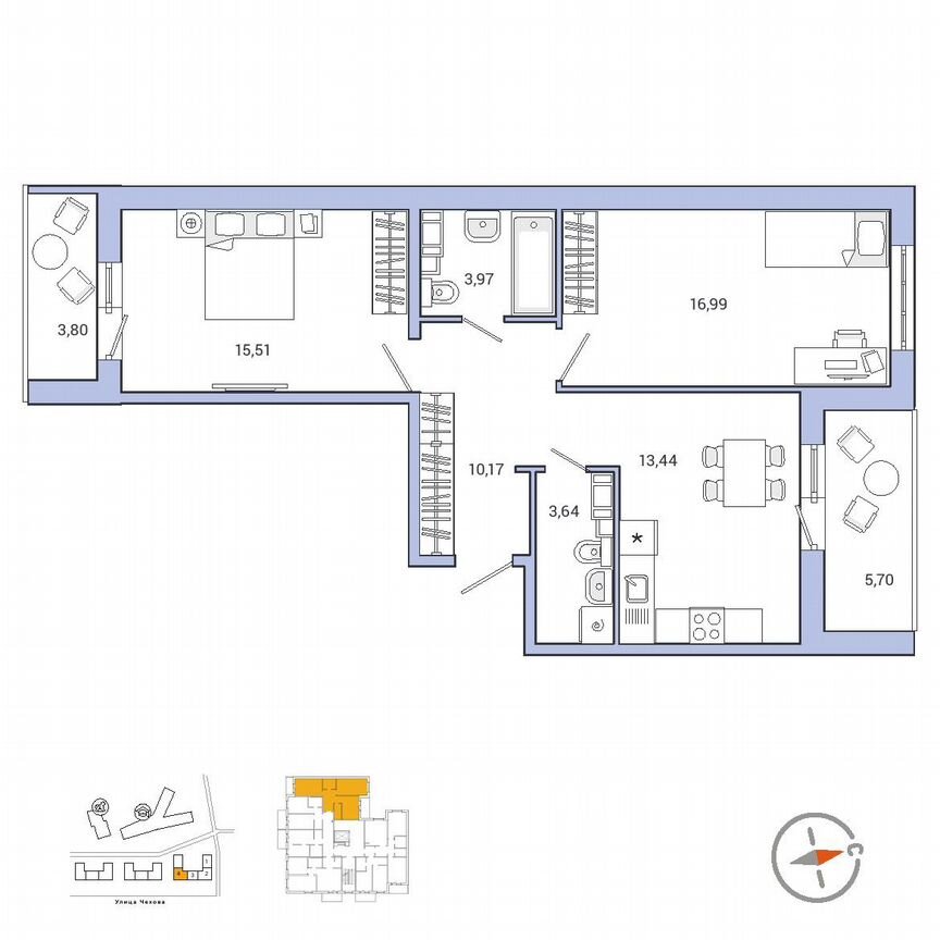 2-к. квартира, 68,9 м², 9/9 эт.