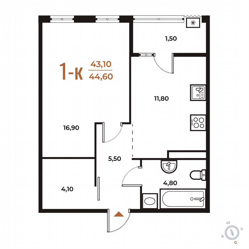 1-к. квартира, 44,6 м², 7/8 эт.
